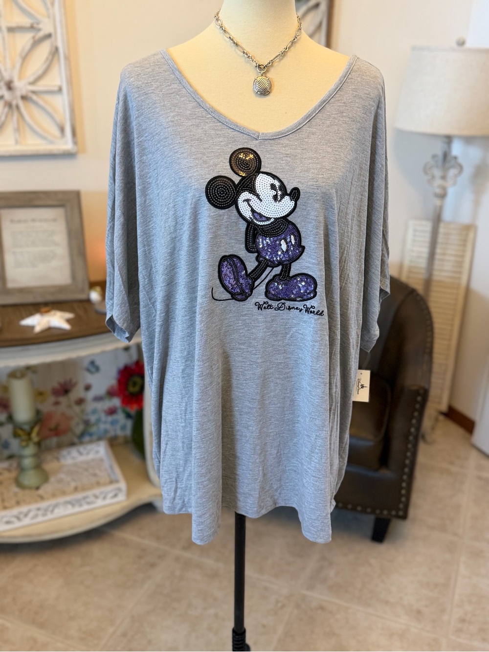 Disney Light Gray purple sequin Mickey Tee